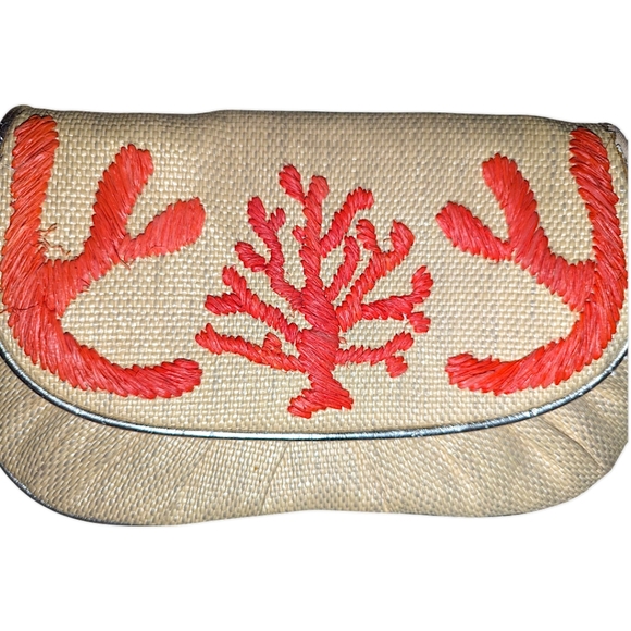FELIX REY Spring Straw Rattan Clutch Purse Wristlet Orange Embroidery Detail - Picture 4 of 9